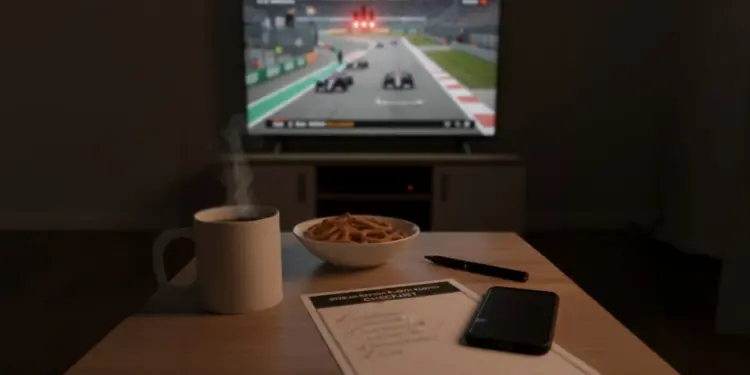 AI-generált kép: a dohányzóasztalon gőzölgő kávé, okotelefon, sós perec és egy papír, a tévében F1
