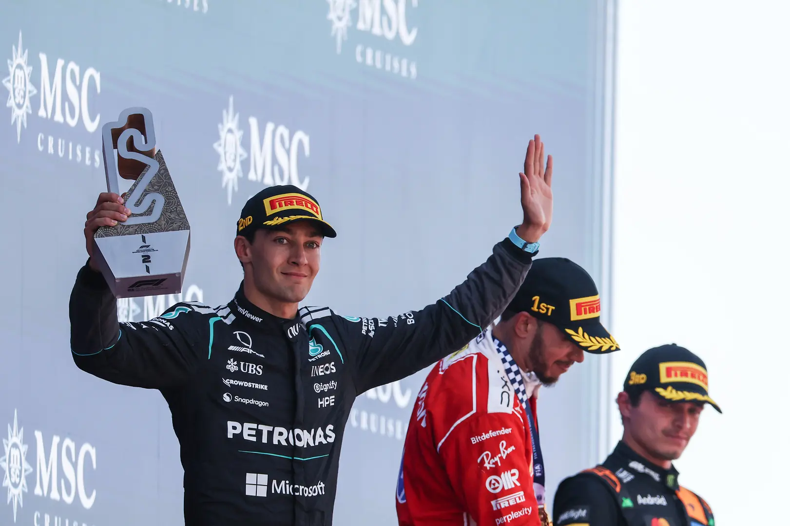 Full brit dobogó Barcelonában: George Russell, Lewis Hamilton, Lando Norris
