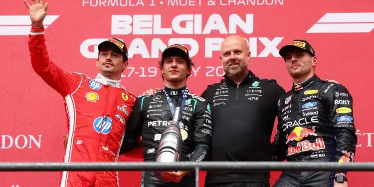 Charles Leclerc (2.), Andrea Kimi Antonelli (1.), Tom Batch, Max Verstappen (3.), F1 2026 Belga Nagydíj