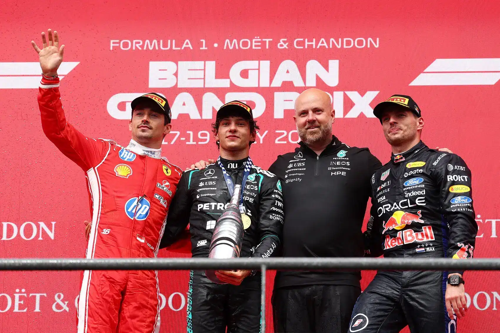 Charles Leclerc (2.), Andrea Kimi Antonelli (1.), Tom Batch, Max Verstappen (3.), F1 2026 Belga Nagydíj
